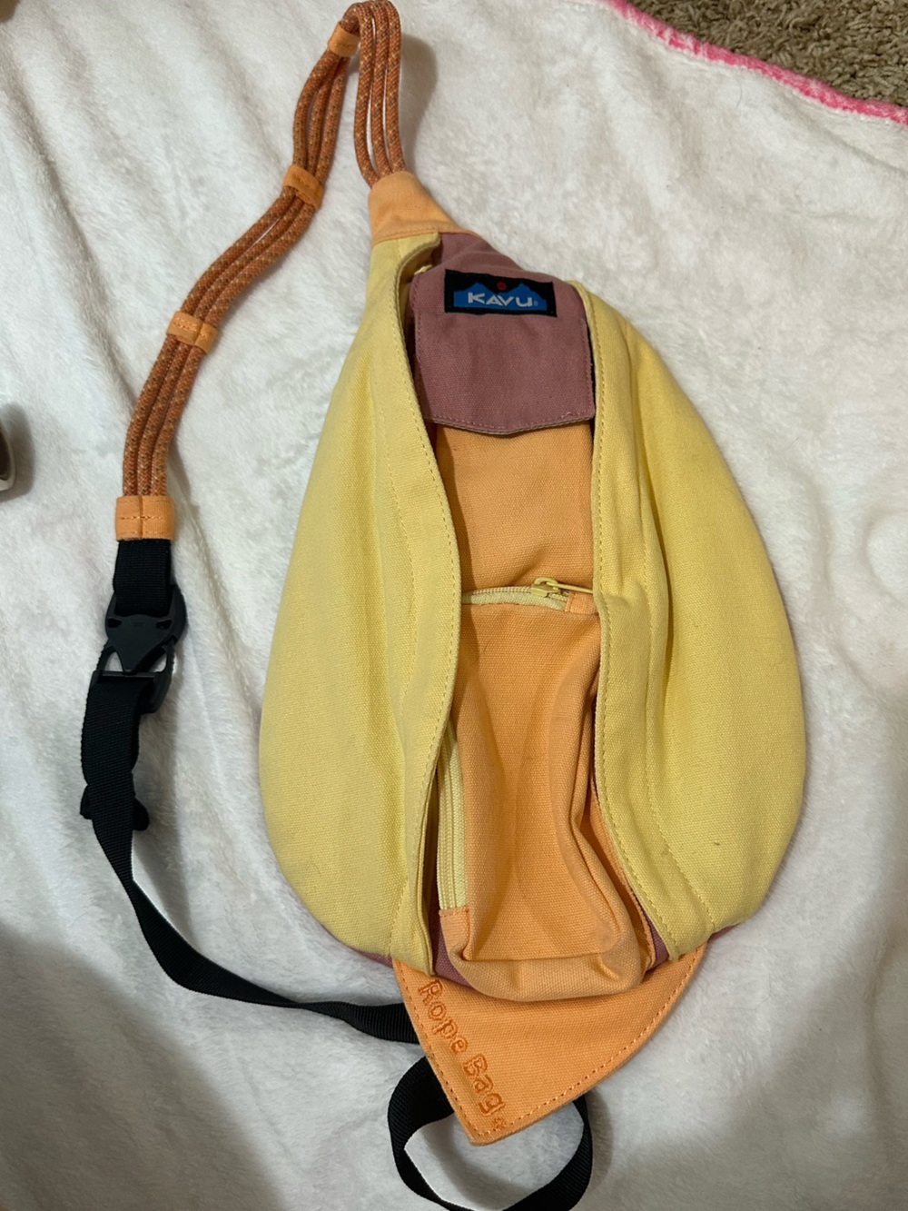 Kavu Yellow and Orange Rope Sling Bag with Pink Accent Multi Pocket Activewear
